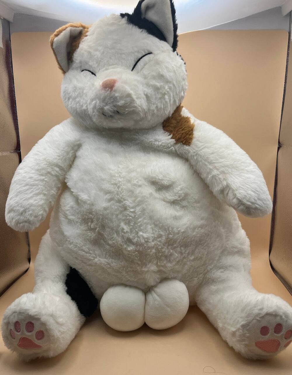 Funny Japanese Male Calico Cat Plush Big Balls Sleeping Chubby Fat Cat Male
